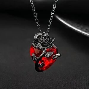 Romantic Red Rose Heart Pendant Necklace Rhinestone Floral Charm Goth Retro New